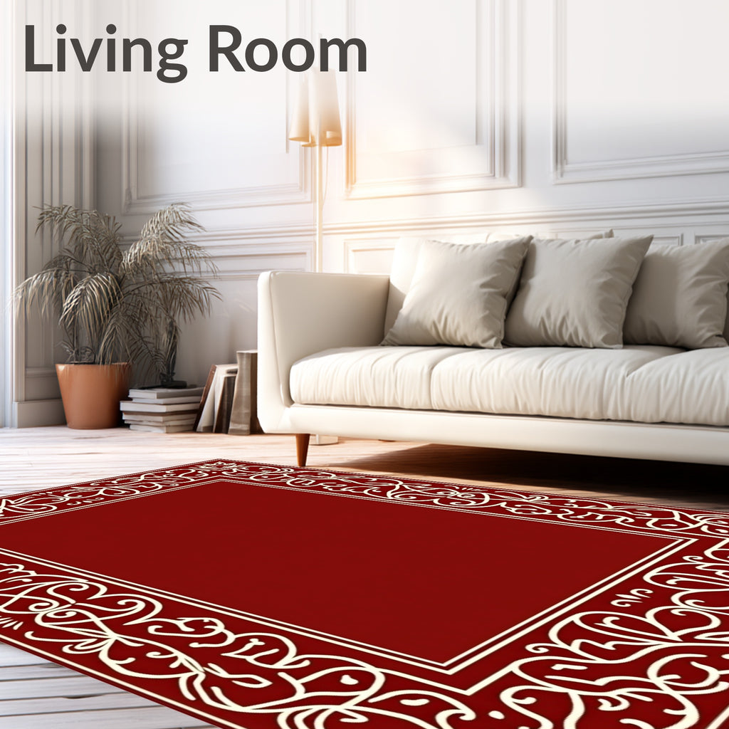 Crimson Ivory Swirling Floral Border Rug