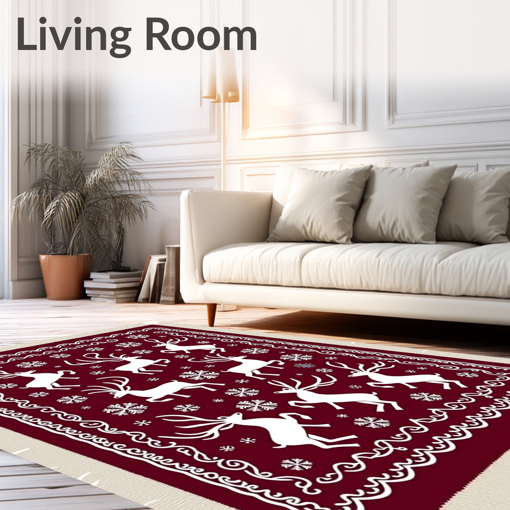 Crimson White Reindeer Snowflake Border Rug