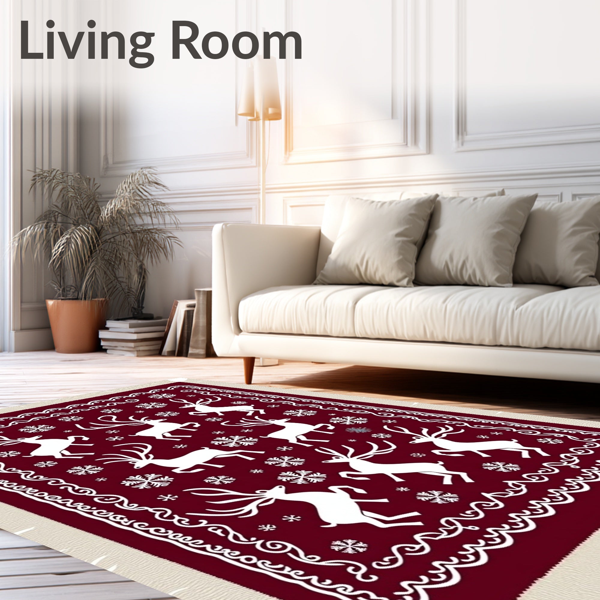 Crimson White Reindeer Snowflake Border Rug