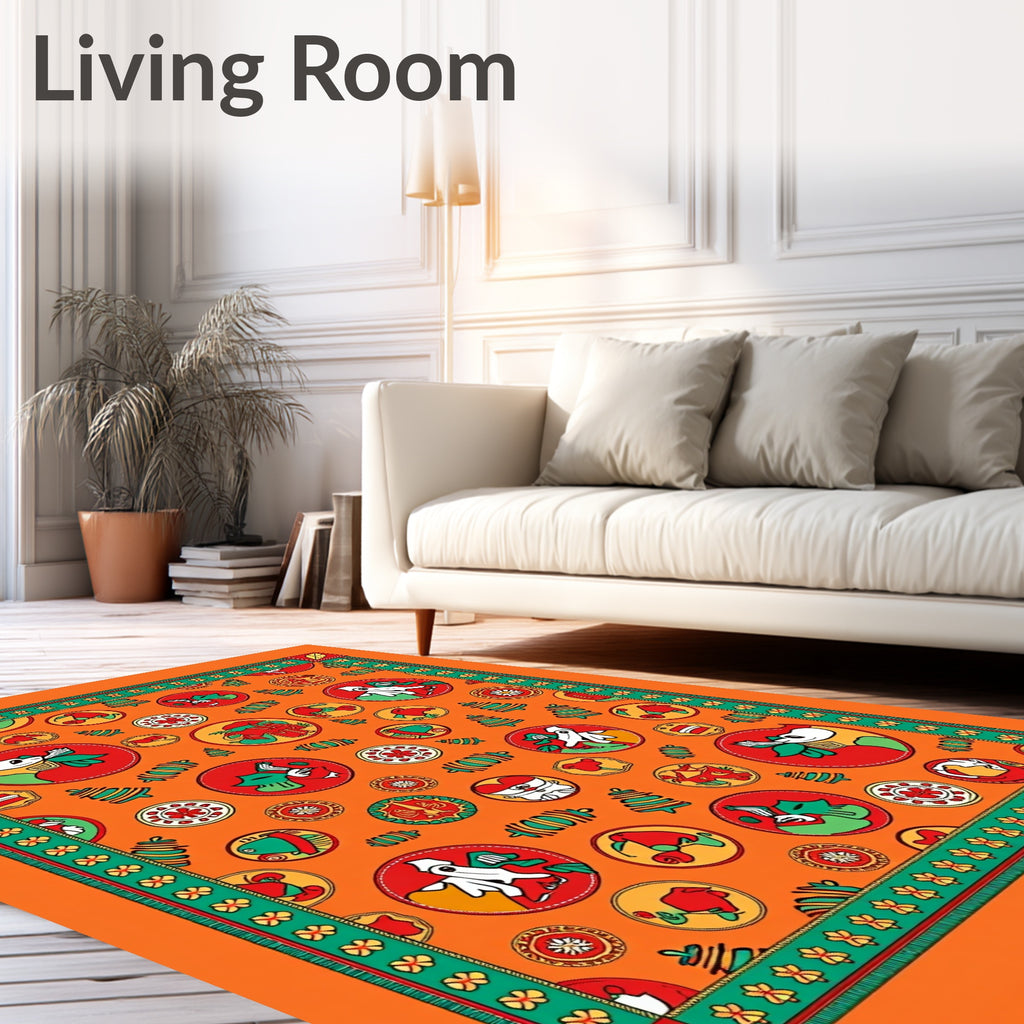 Orange Whimsical Folk Art Creatures Rug