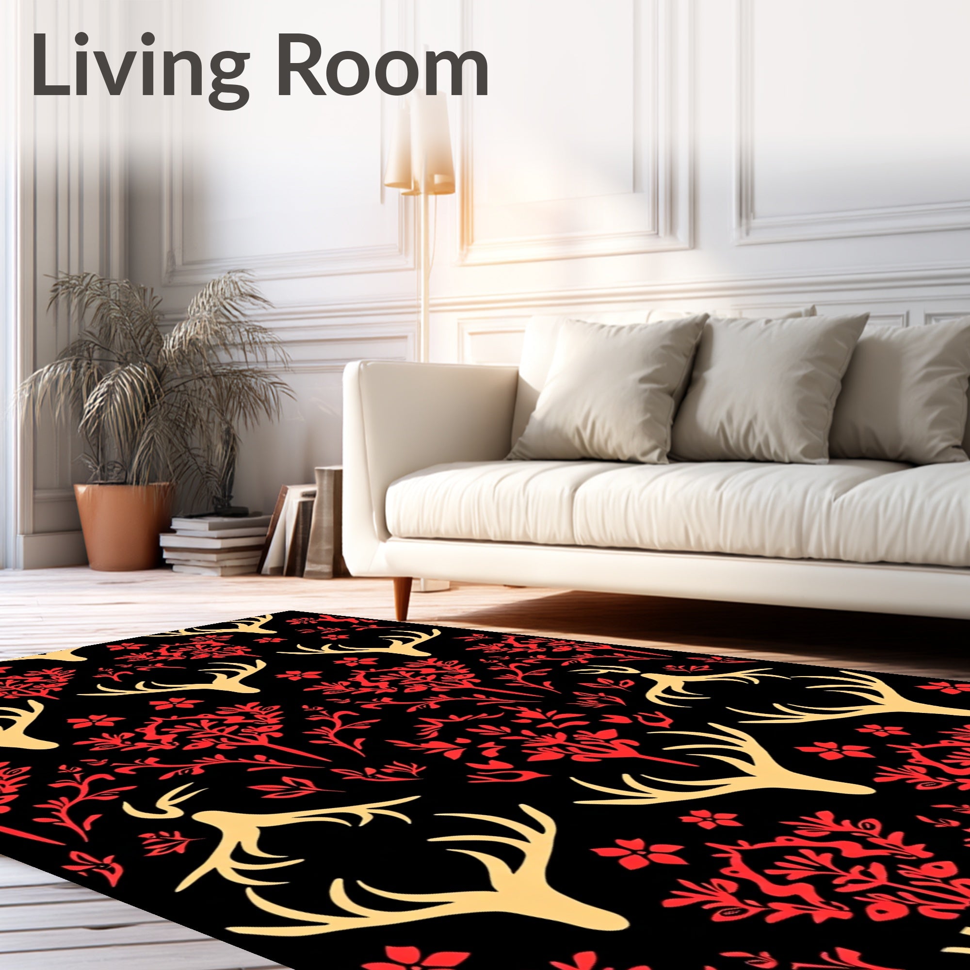 Golden Deer Antler Red Floral Harmony Rug