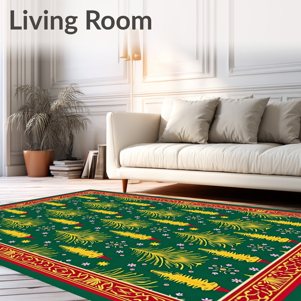 Festive Green Yellow Pine Border Rug
