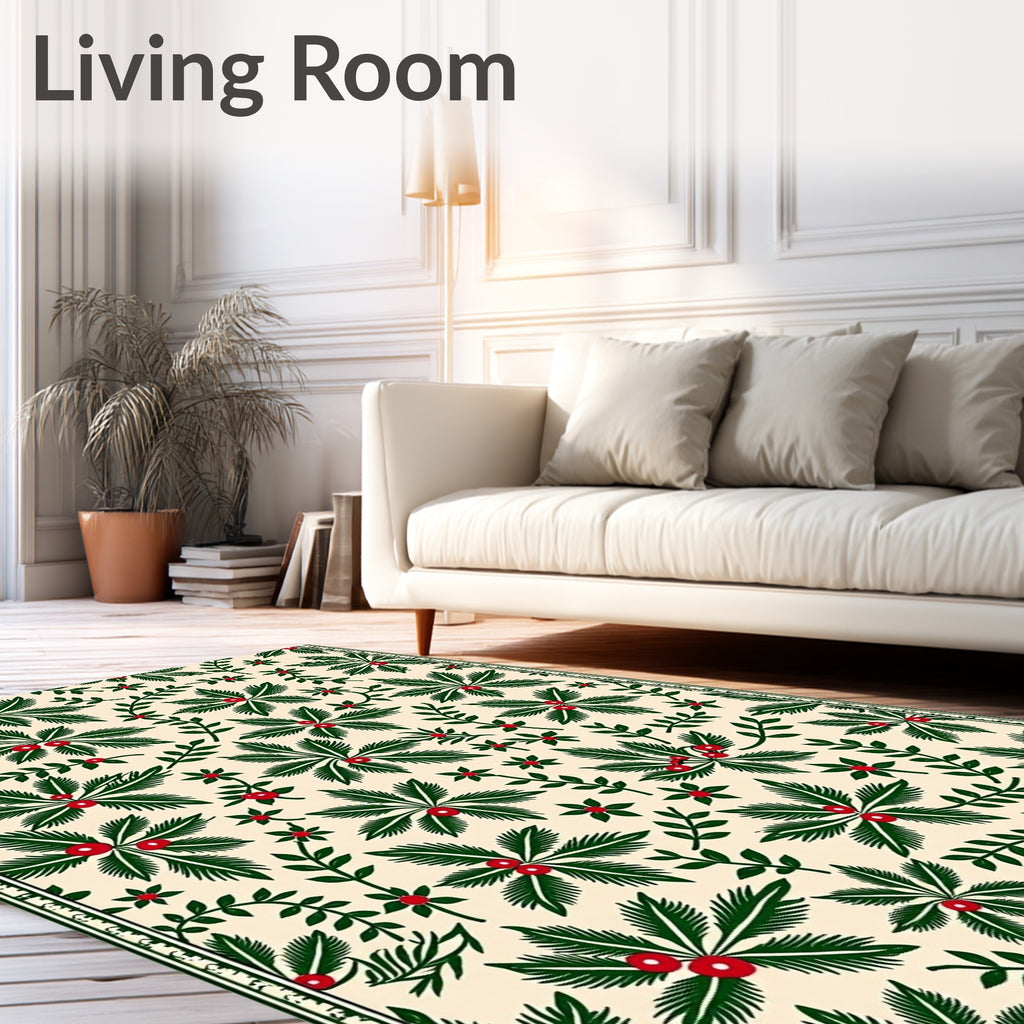 Cream Green Berry Leaf Garland Rug