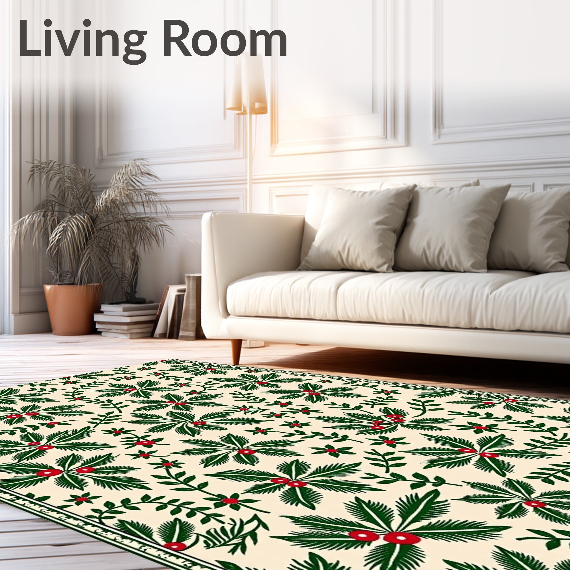 Cream Green Berry Leaf Garland Rug
