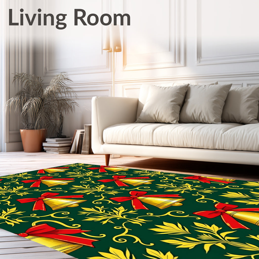 Gold Bells Red Bow Festive Green Accent Rug