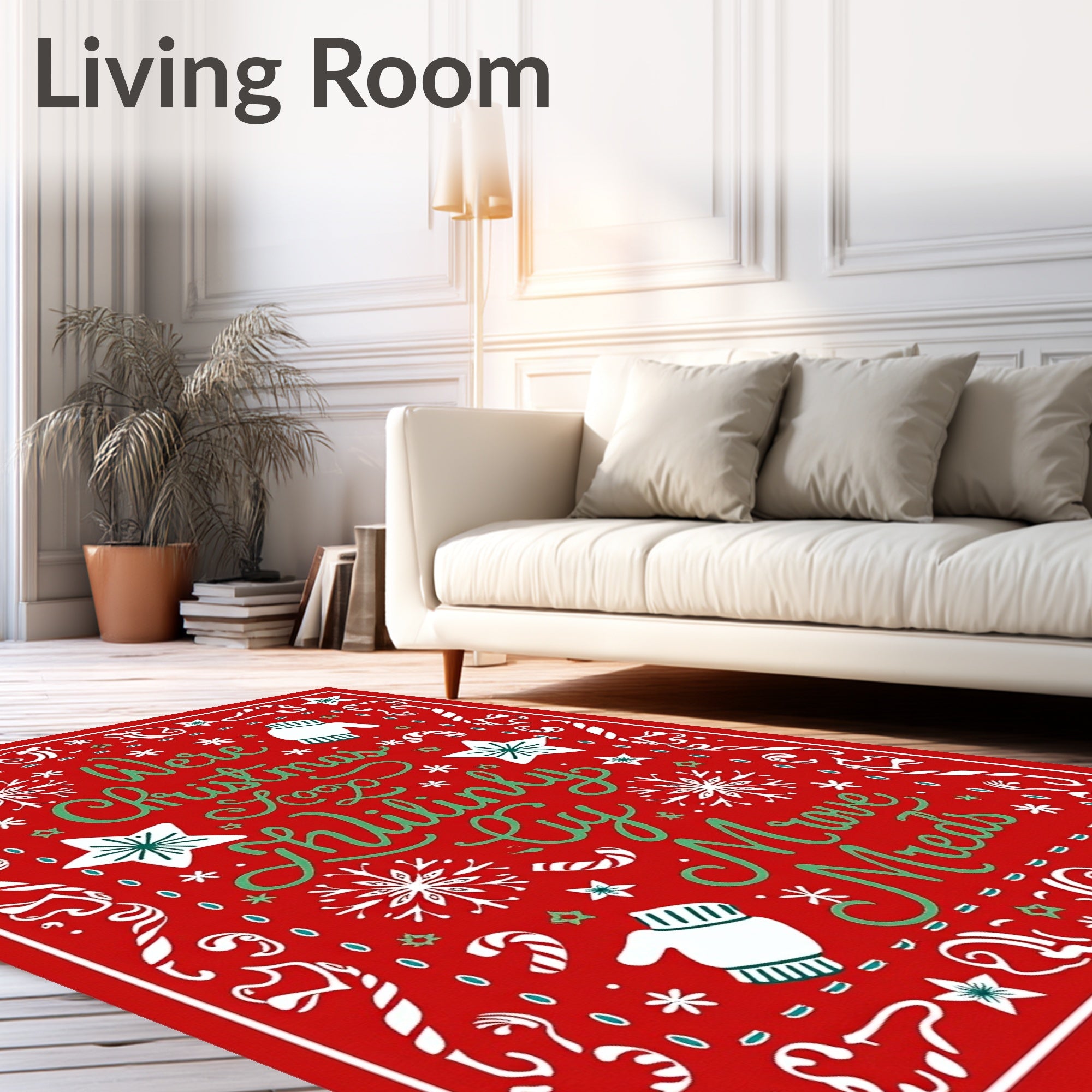 Christmas Mittens Snowflakes Candy Canes Red Rug
