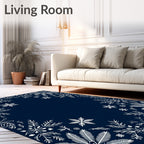 Dark Blue White Winter Floral Border Rug