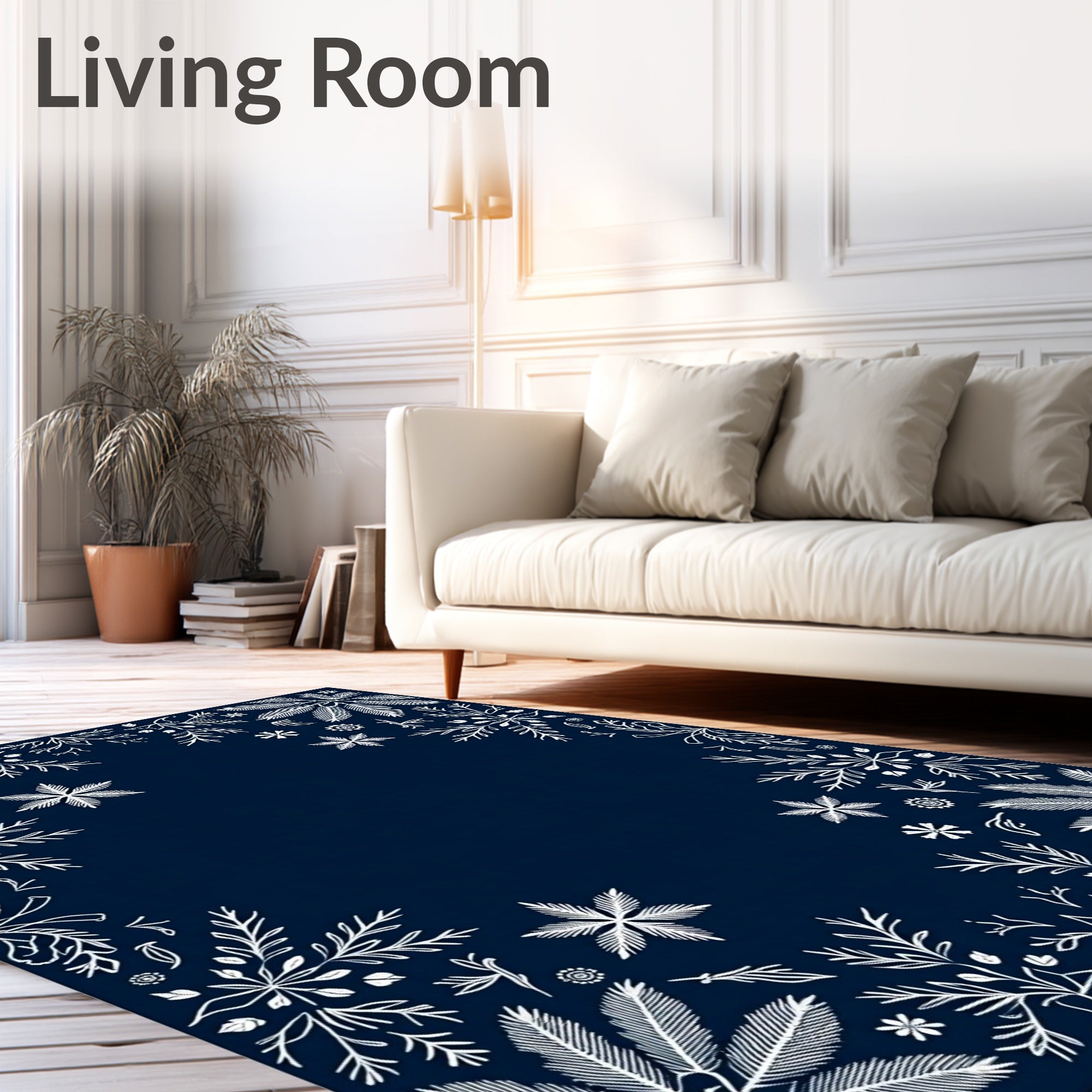 Dark Blue White Winter Floral Border Rug