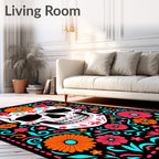 Vibrant Floral Skull With A Black Background Rug