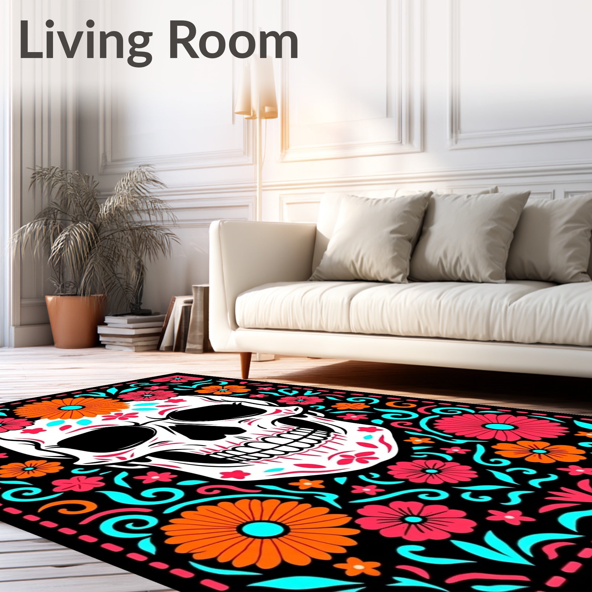 Vibrant Floral Skull With A Black Background Rug