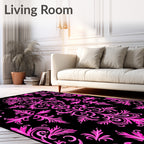 Vibrant Pink Baroque Swirl Black Rug
