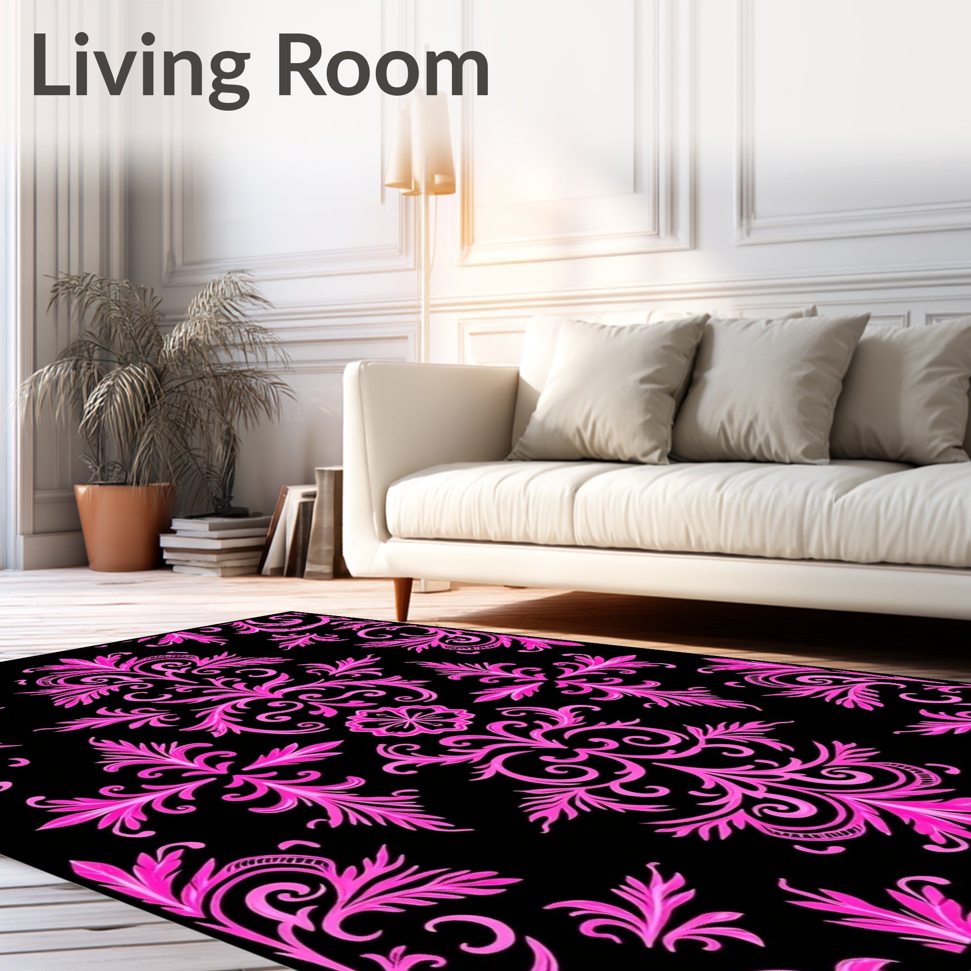 Vibrant Pink Baroque Swirl Black Rug