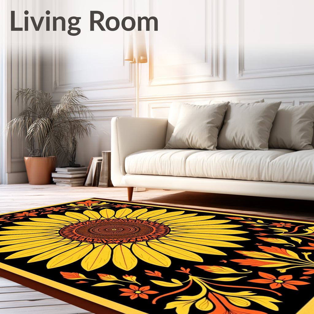 Black Yellow Orange Sunflower Floral Mandala Rug