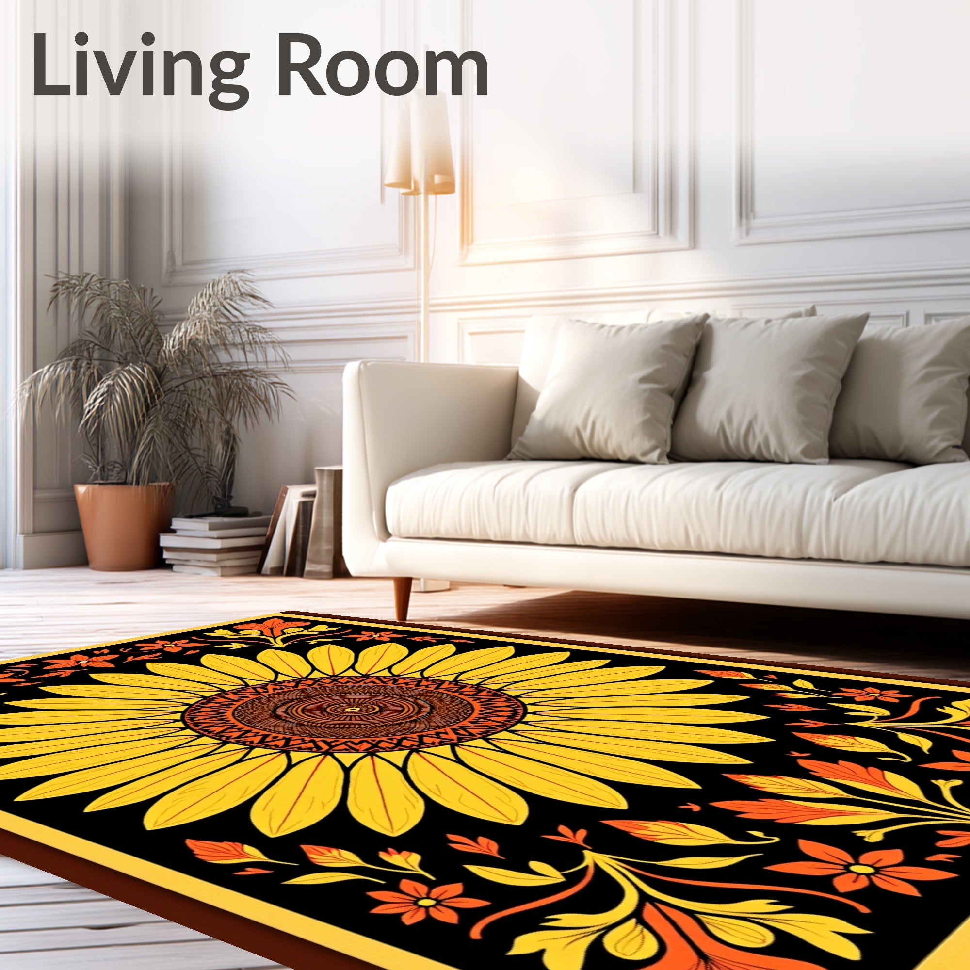 Black Yellow Orange Sunflower Floral Mandala Rug