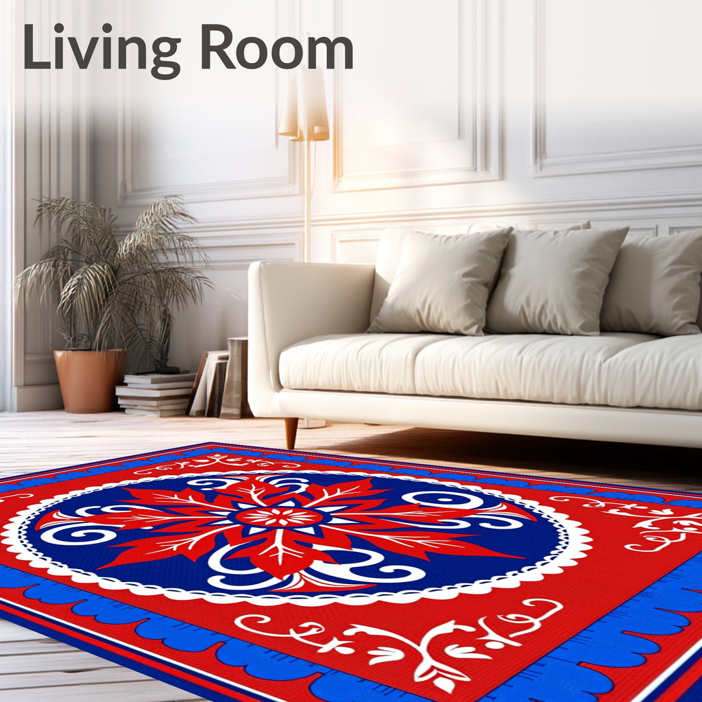 Red Blue Floral Round Mandalas Rug