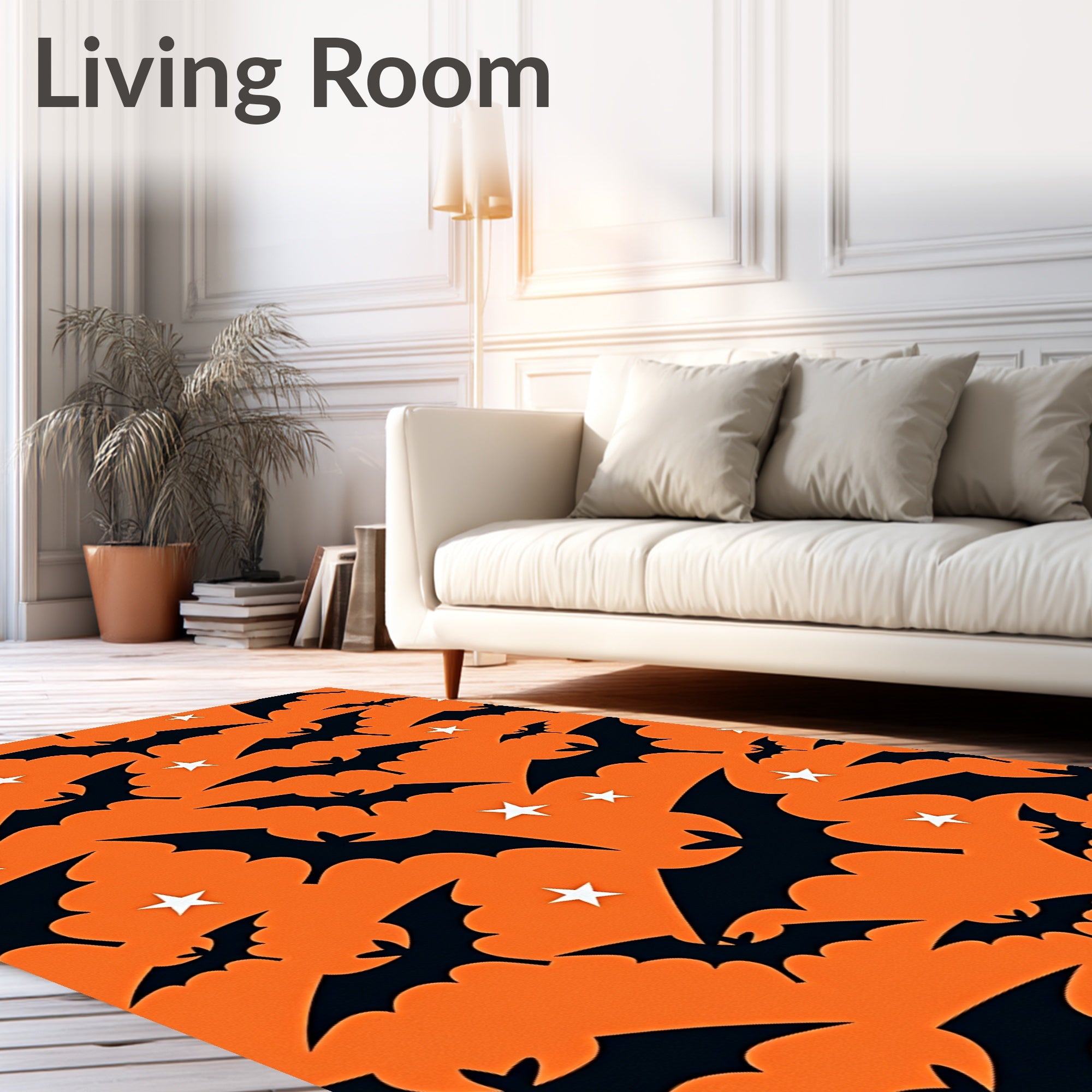 Black Bats Orange Stars Halloween Rug