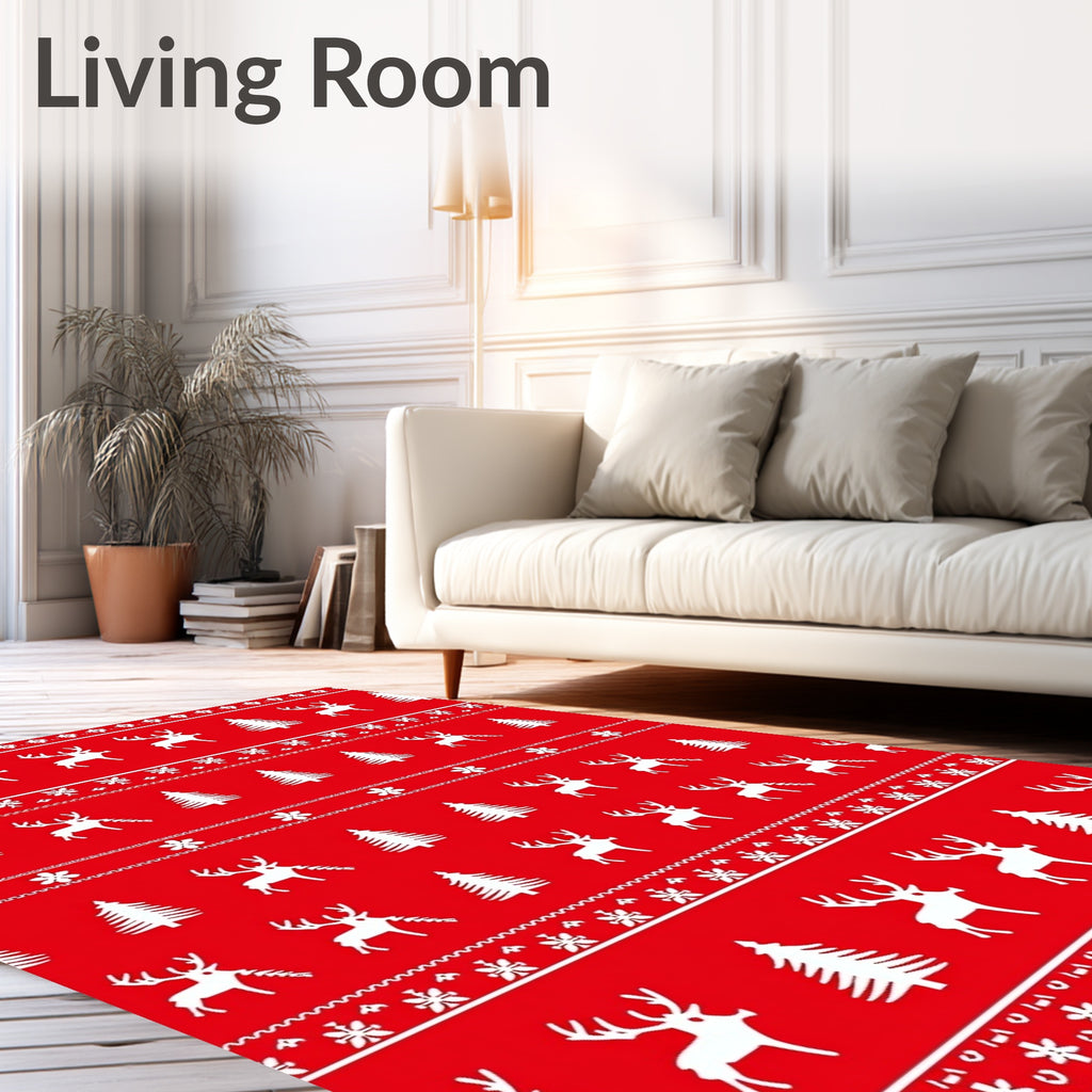 Red White Reindeer Christmas Trees Rug