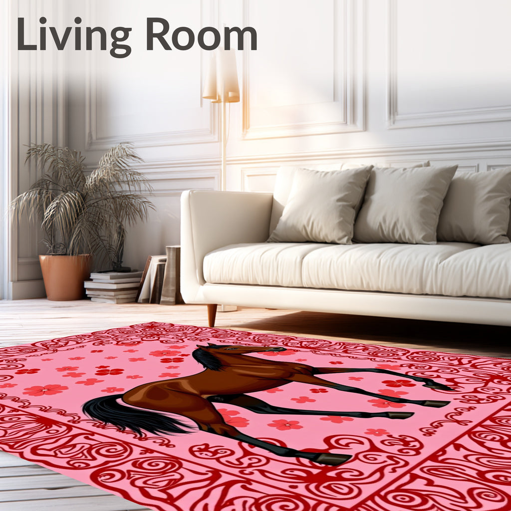 Elegant Pink Floral Horse Artwork Rug