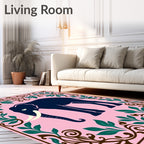 Dark Blue Elephant Pink Floral Frame Rug