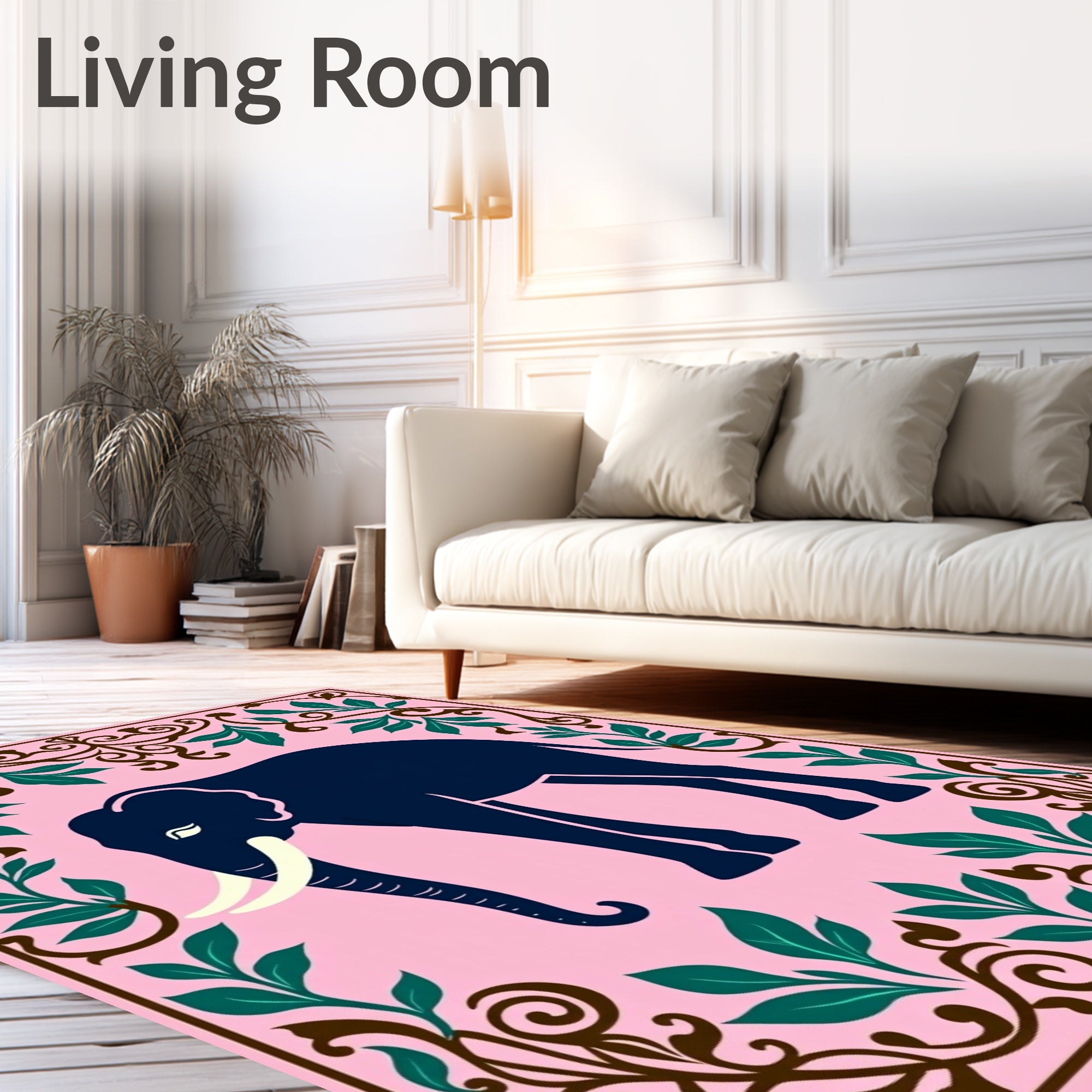 Dark Blue Elephant Pink Floral Frame Rug