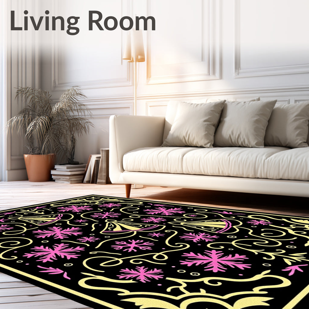 Black Gold Pink Festive Bell Snowflakes Rug