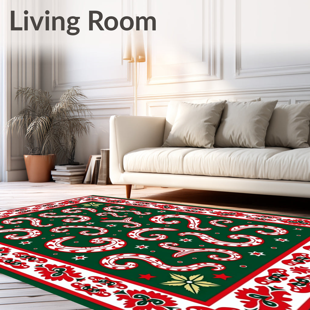 Green White Red Festive Swirls Border Rug