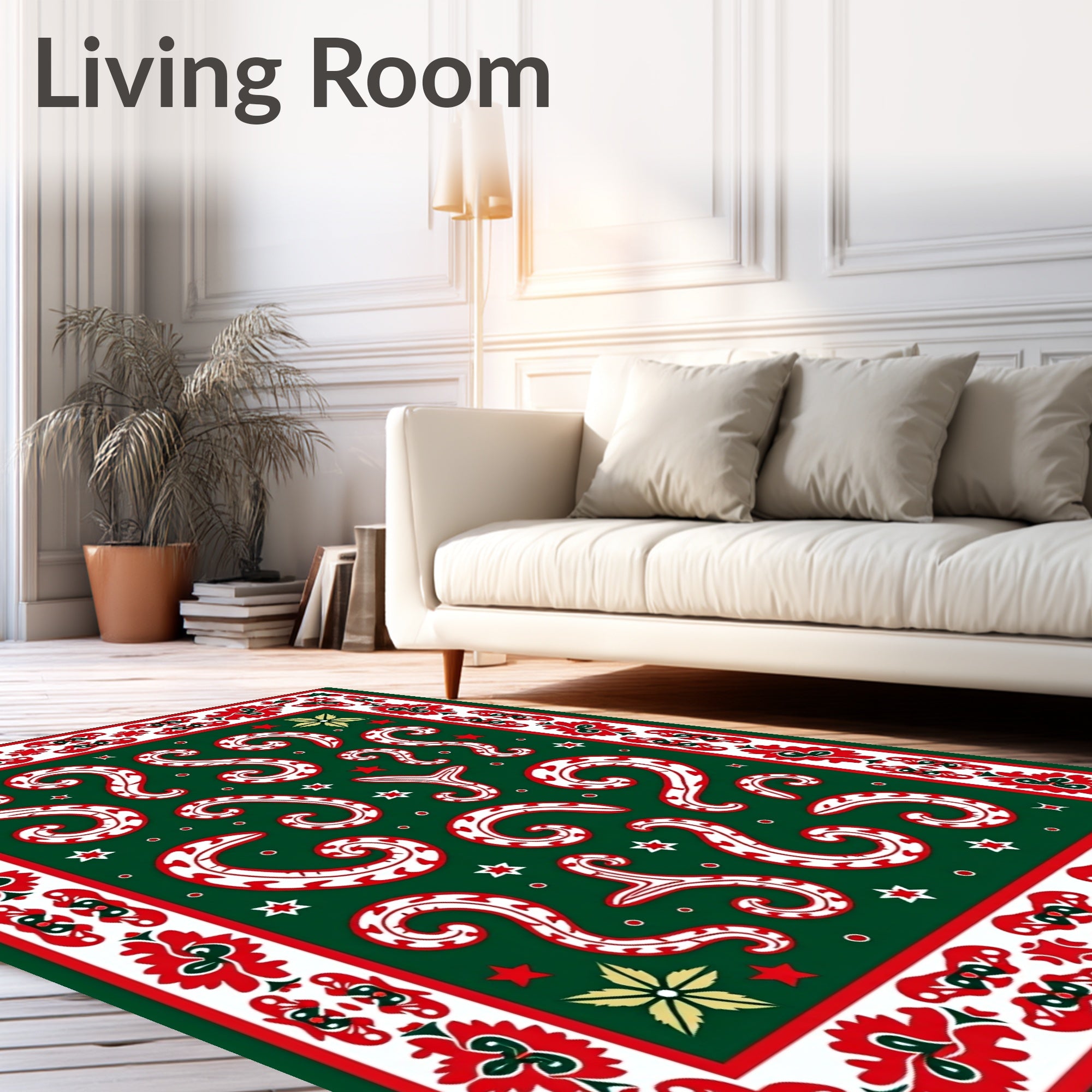 Green White Red Festive Swirls Border Rug