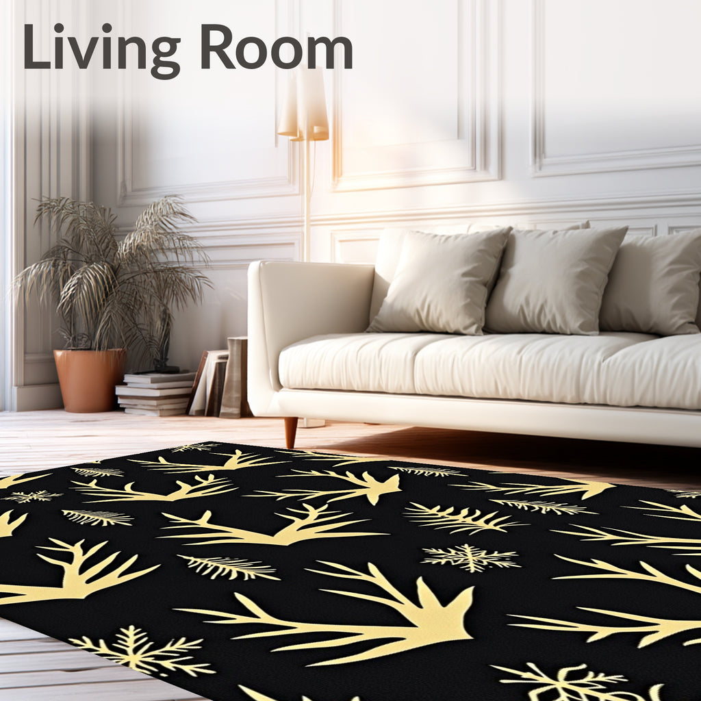 Golden Antlers Snowflakes Pine Trees Rug