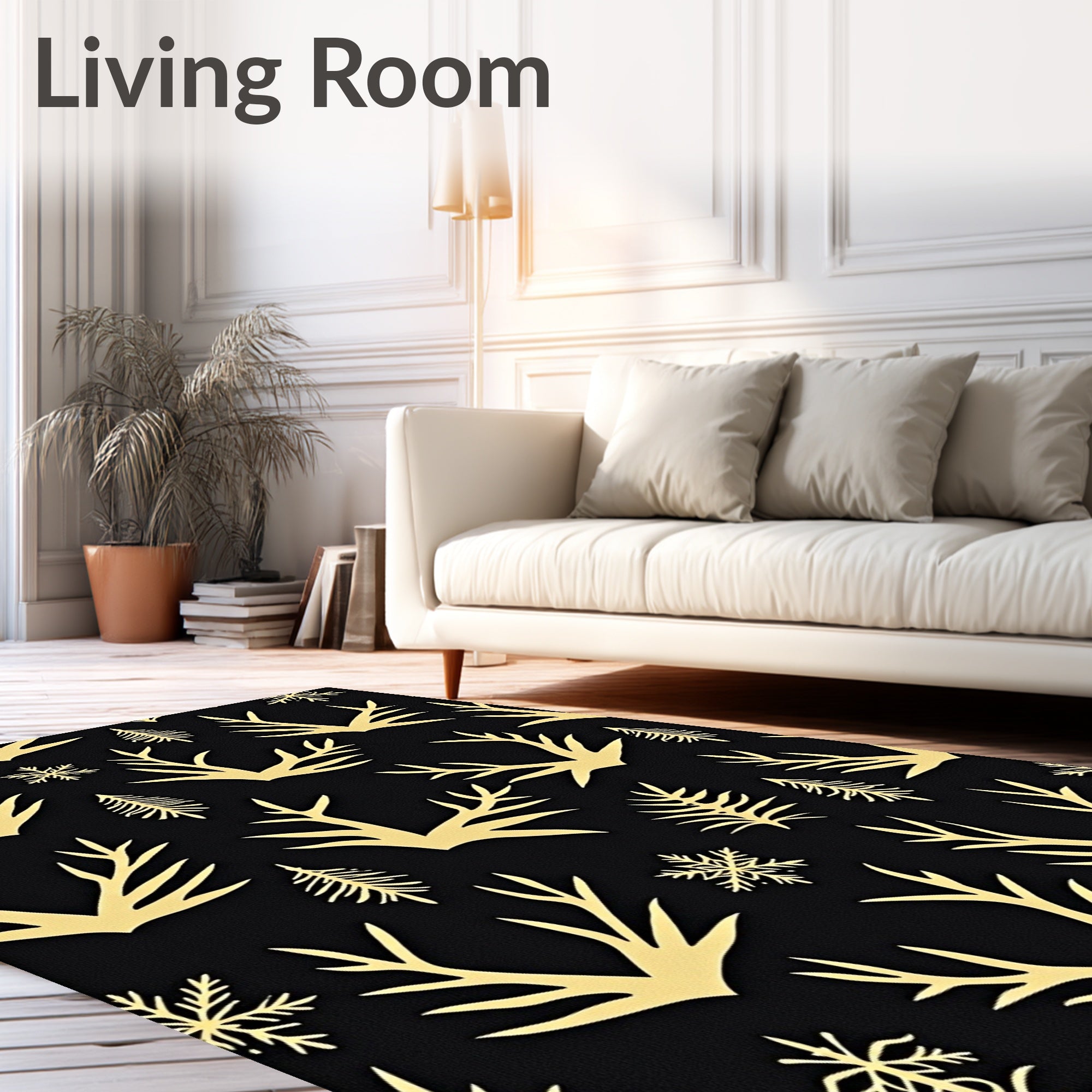 Golden Antlers Snowflakes Pine Trees Rug