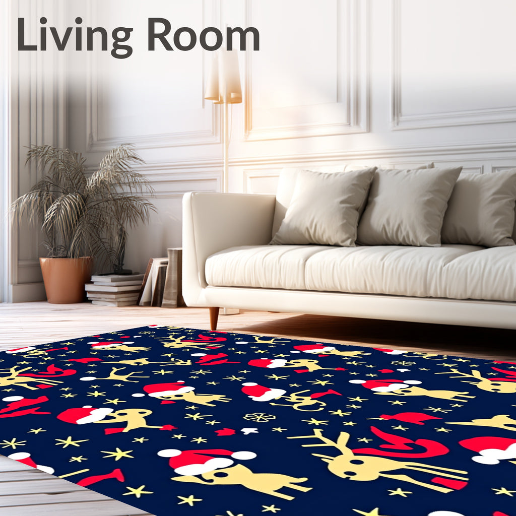Festive Reindeer Santa Hat Stars Rug
