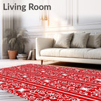 Red White Elaborate Floral Vertical Stripe Rug