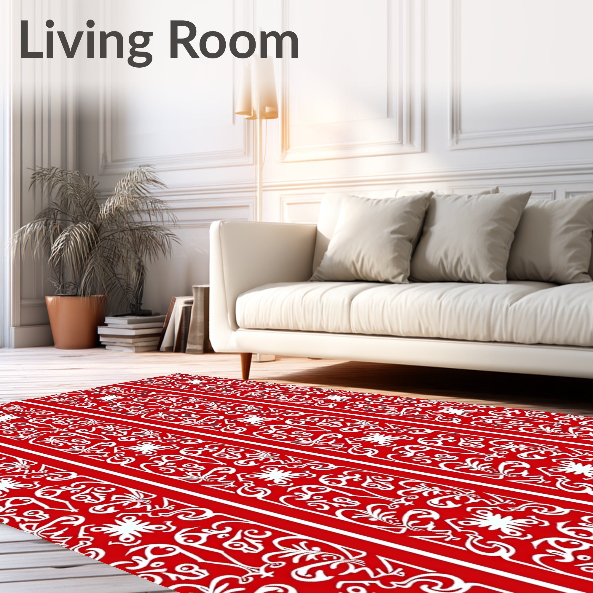 Red White Elaborate Floral Vertical Stripe Rug