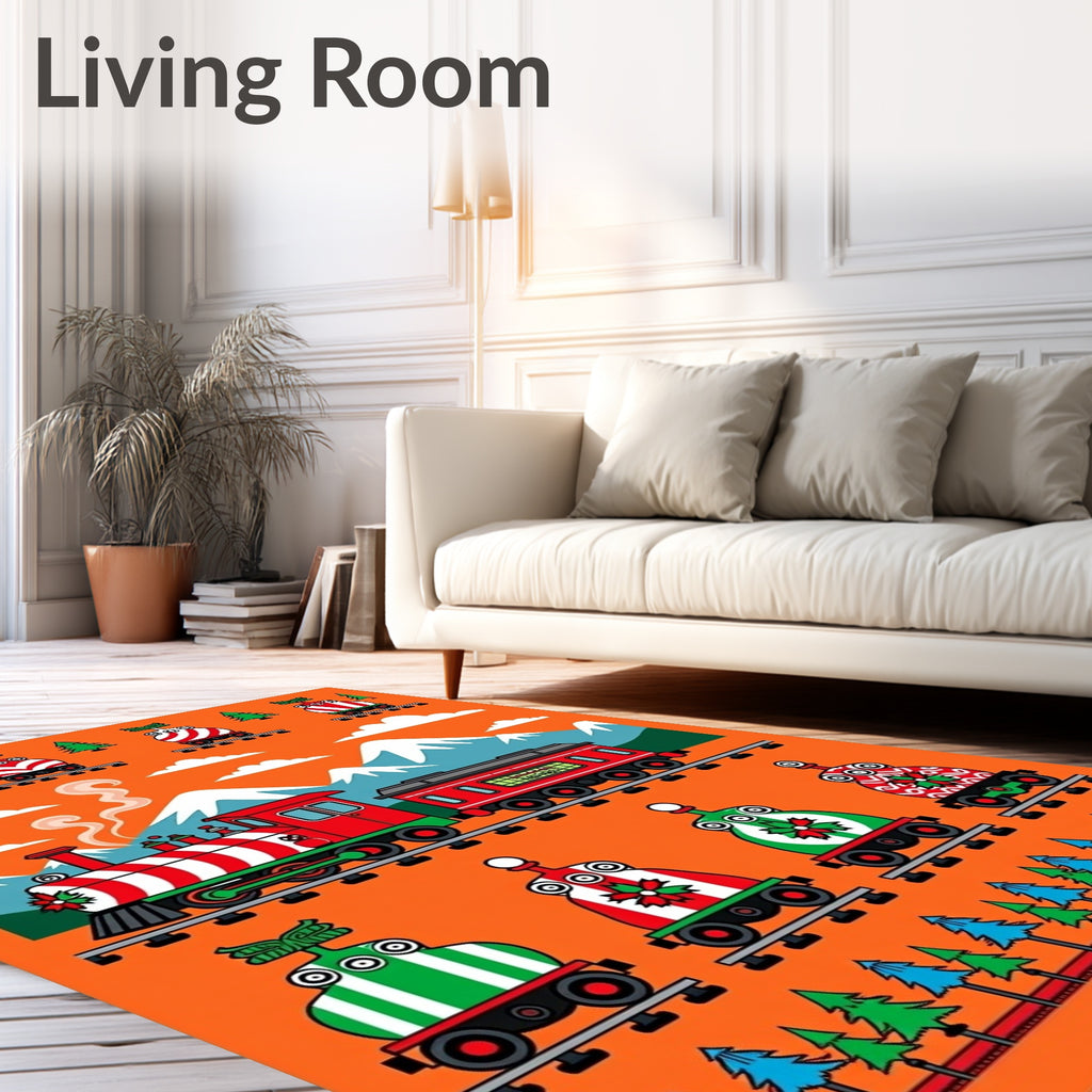 Festive Red Green Christmas Train Landscape Rug
