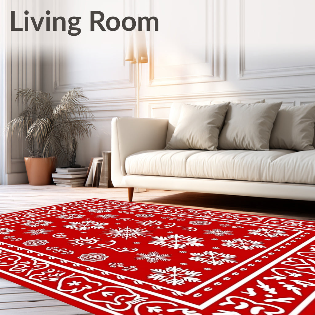 Crimson White Snowflake Folk Art Rug