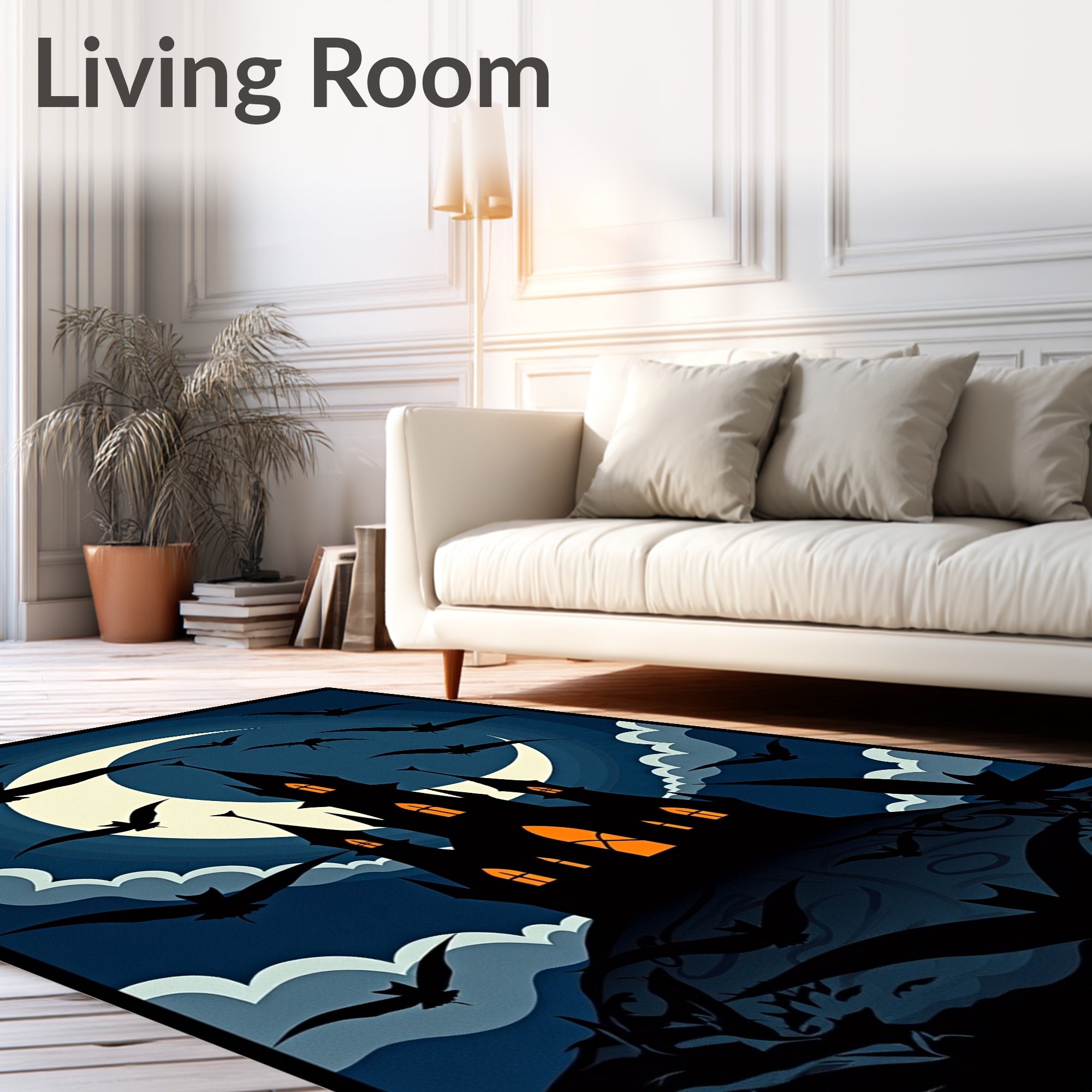 Spooky Bat Castle Moonlit Night Rug