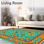 Teal Orange Dragonfly Floral Border Rug