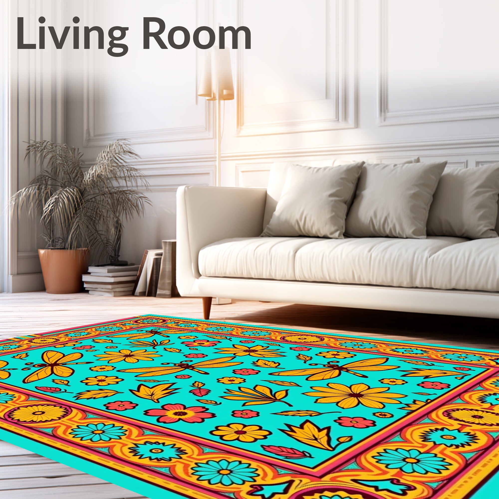 Teal Orange Dragonfly Floral Border Rug