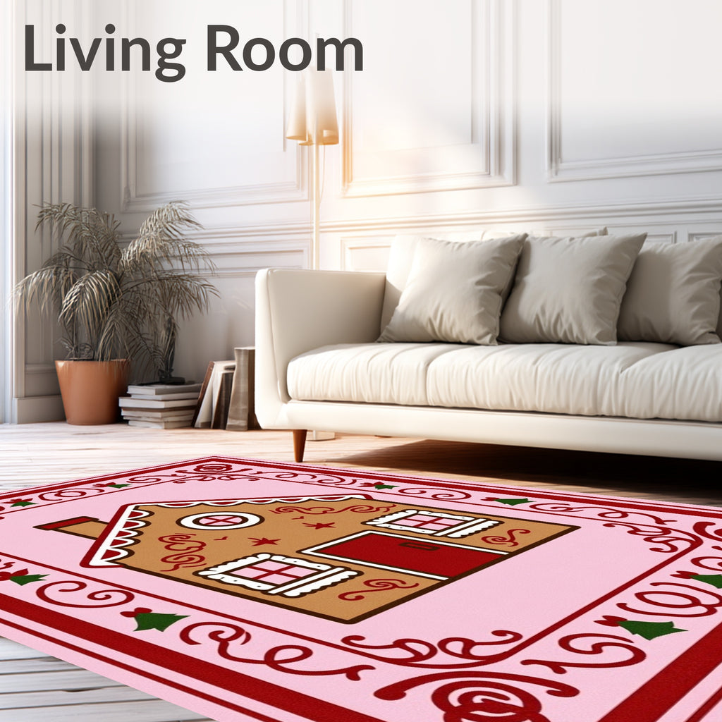 Pink Gingerbread House Festive Border Rug