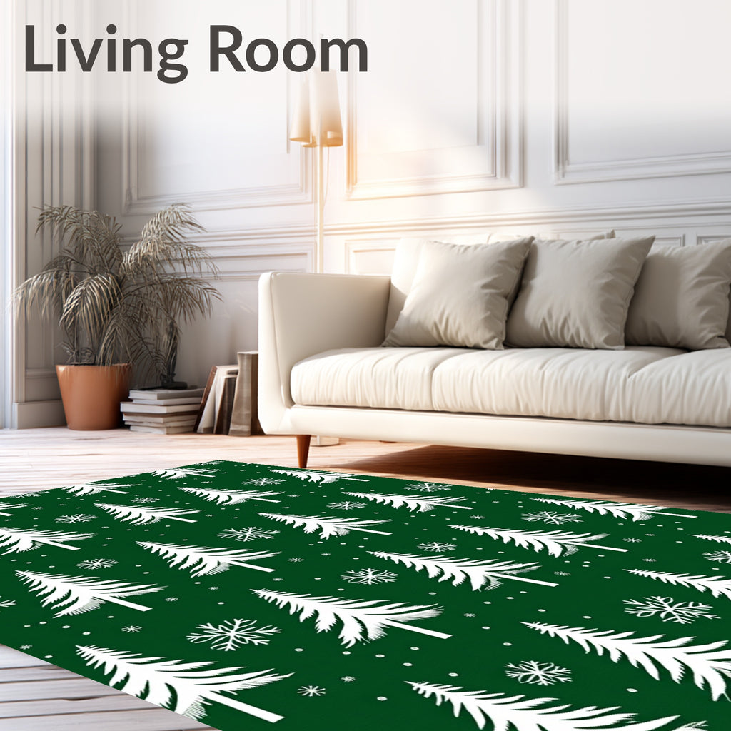 Emerald Green Snowy Evergreen Forest Rug