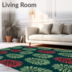 Deep Teal Red Green Leaf Emblem Rug