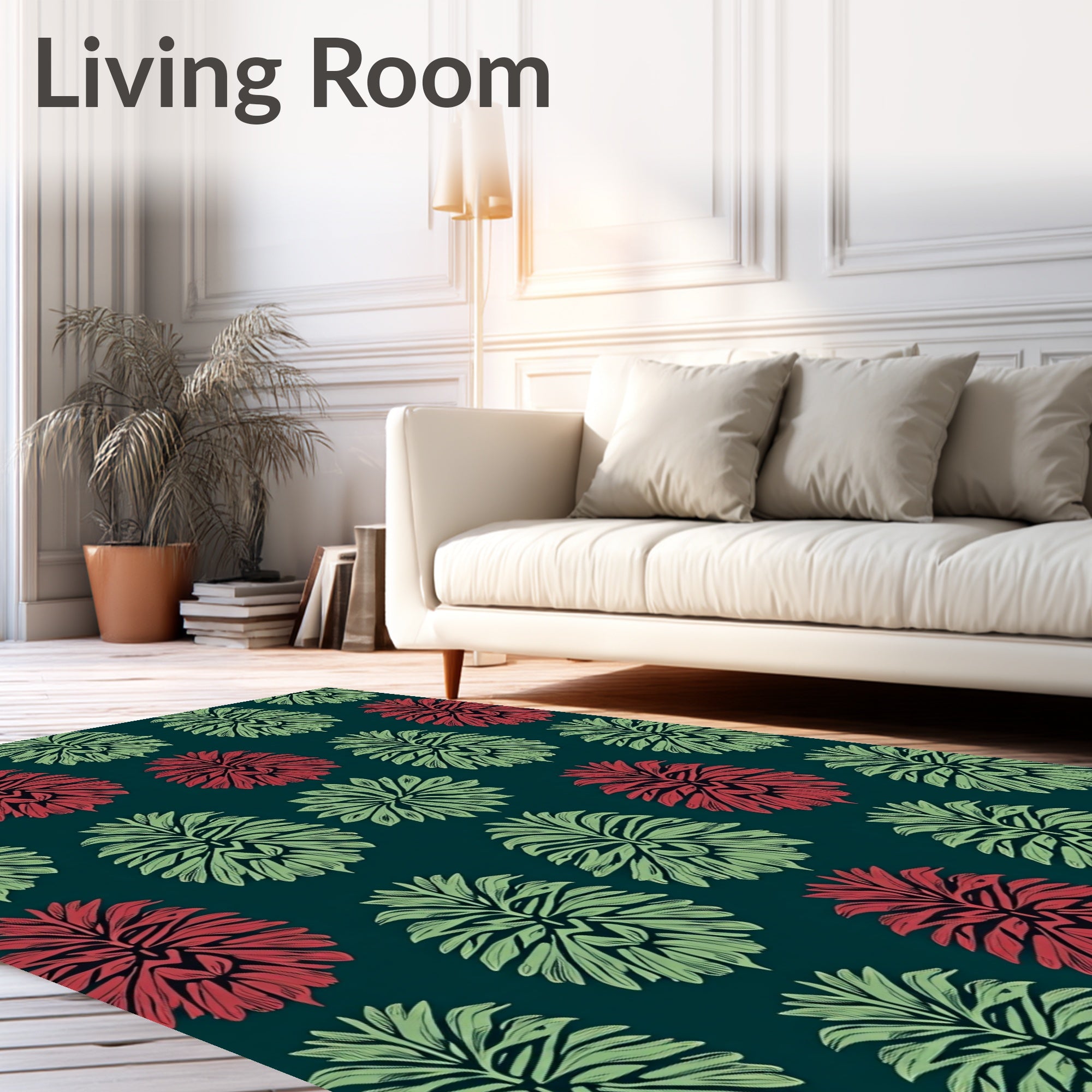 Deep Teal Red Green Leaf Emblem Rug