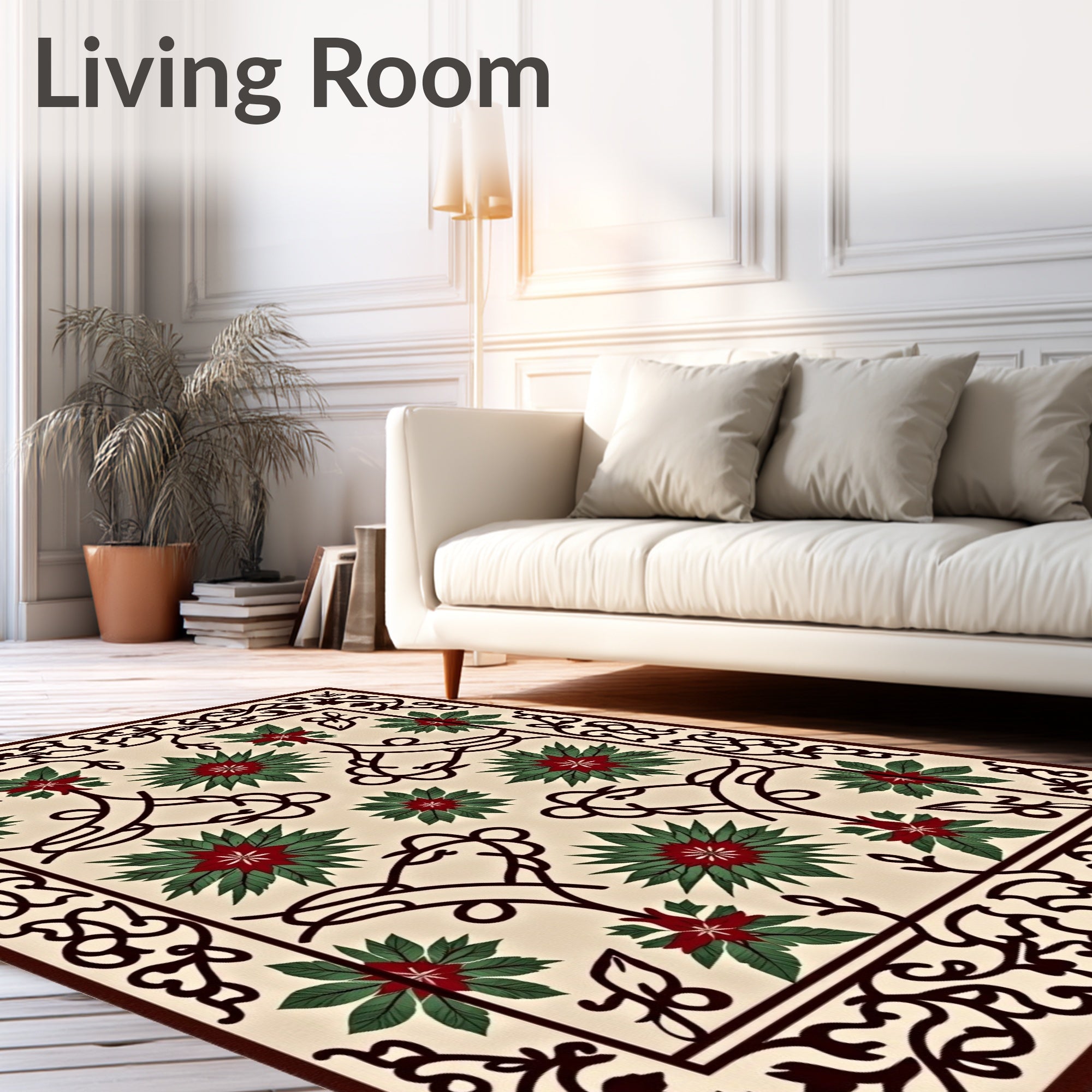 Crimson Green Floral Scrollwork Rug