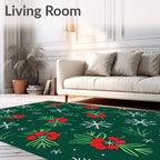 Festive Red Holly Snowflakes Green Background Rug