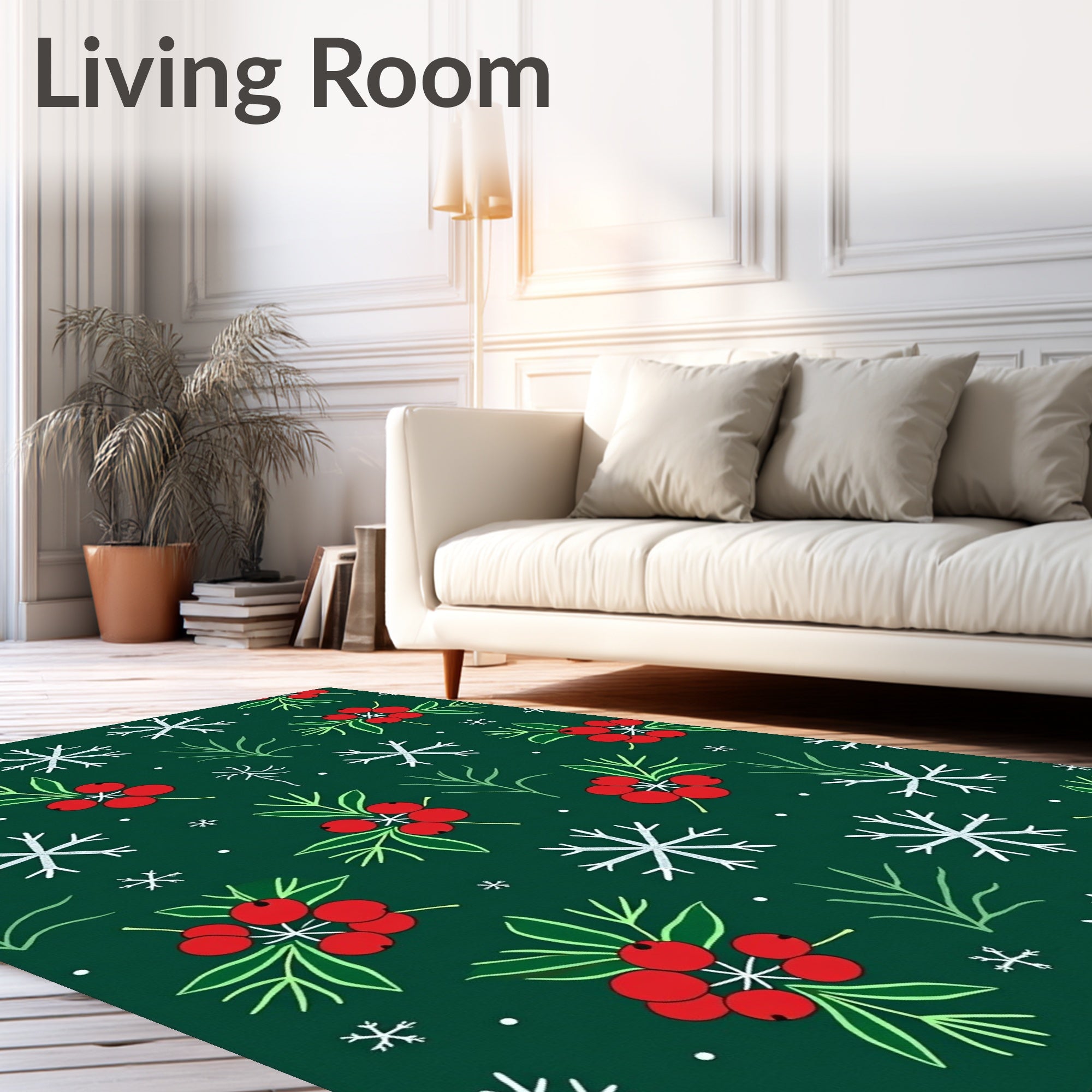 Festive Red Holly Snowflakes Green Background Rug