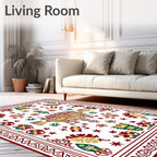Vibrant red yellow and teal house motif Rug