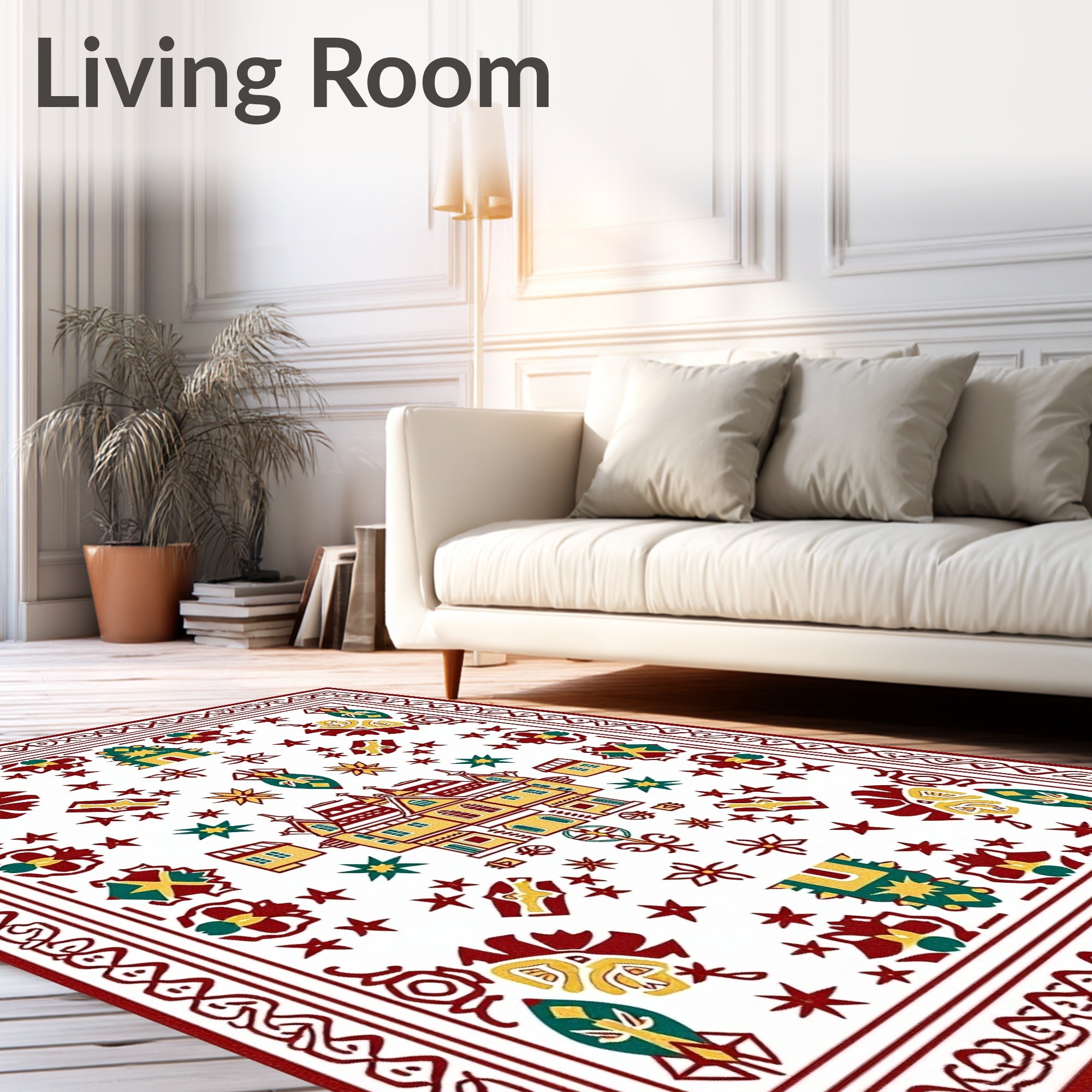 Vibrant red yellow and teal house motif Rug