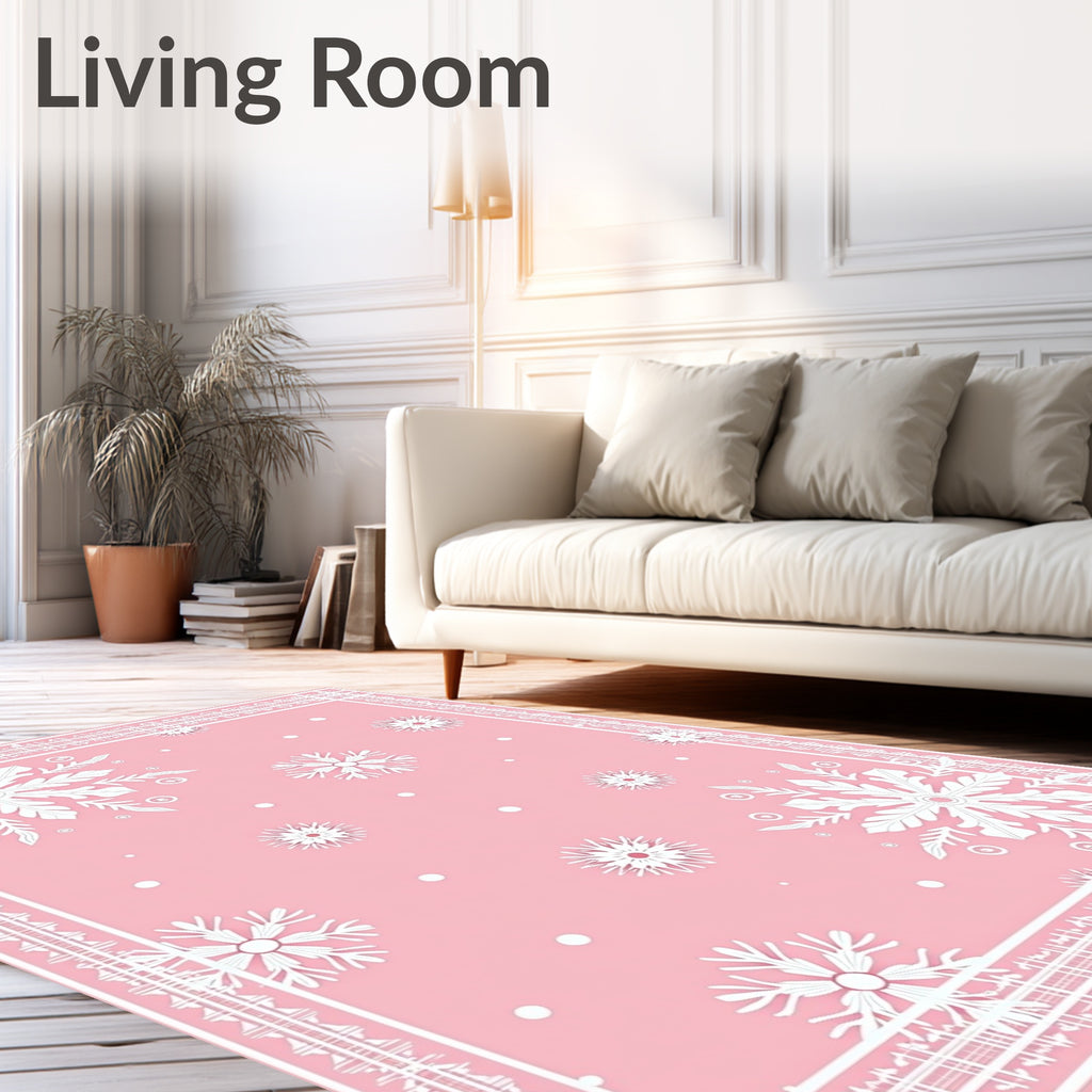 Feminine Pink Snowflake Winter Scene Rug