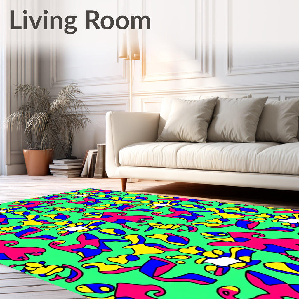 Vibrant Abstract Figures Pink Blue Yellow Rug