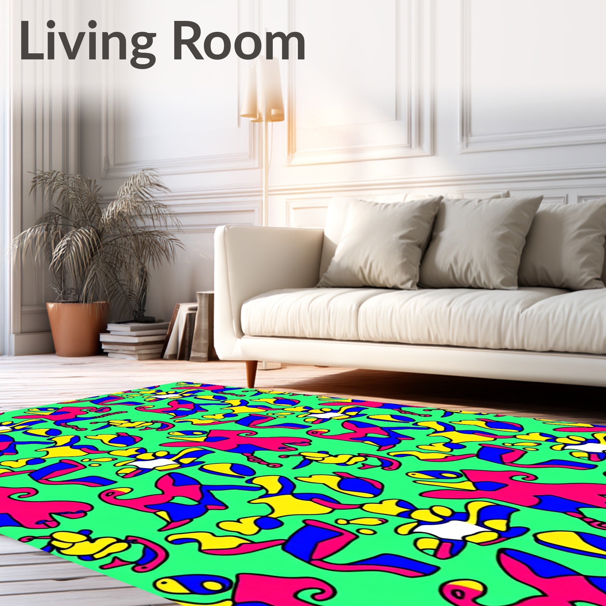 Vibrant Abstract Figures Pink Blue Yellow Rug