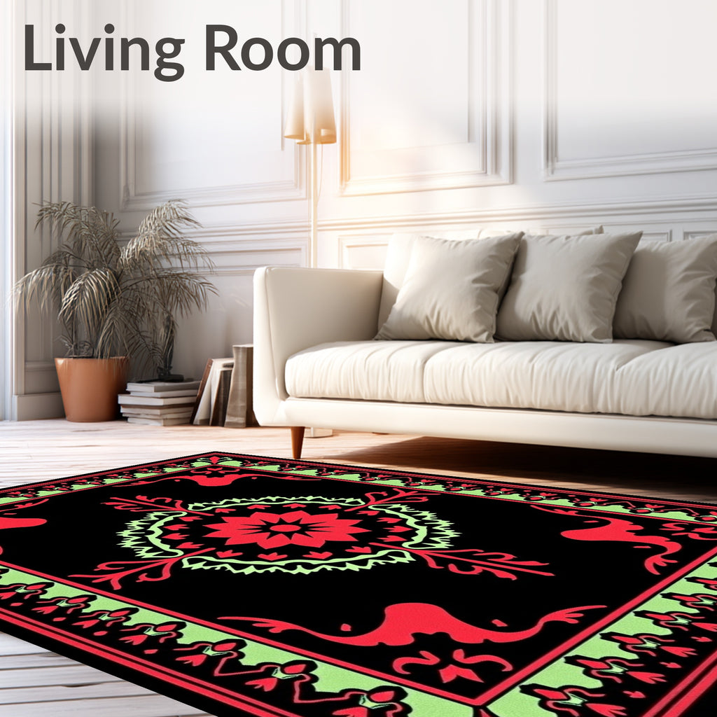 Crimson Mint Black Floral Motif Rug